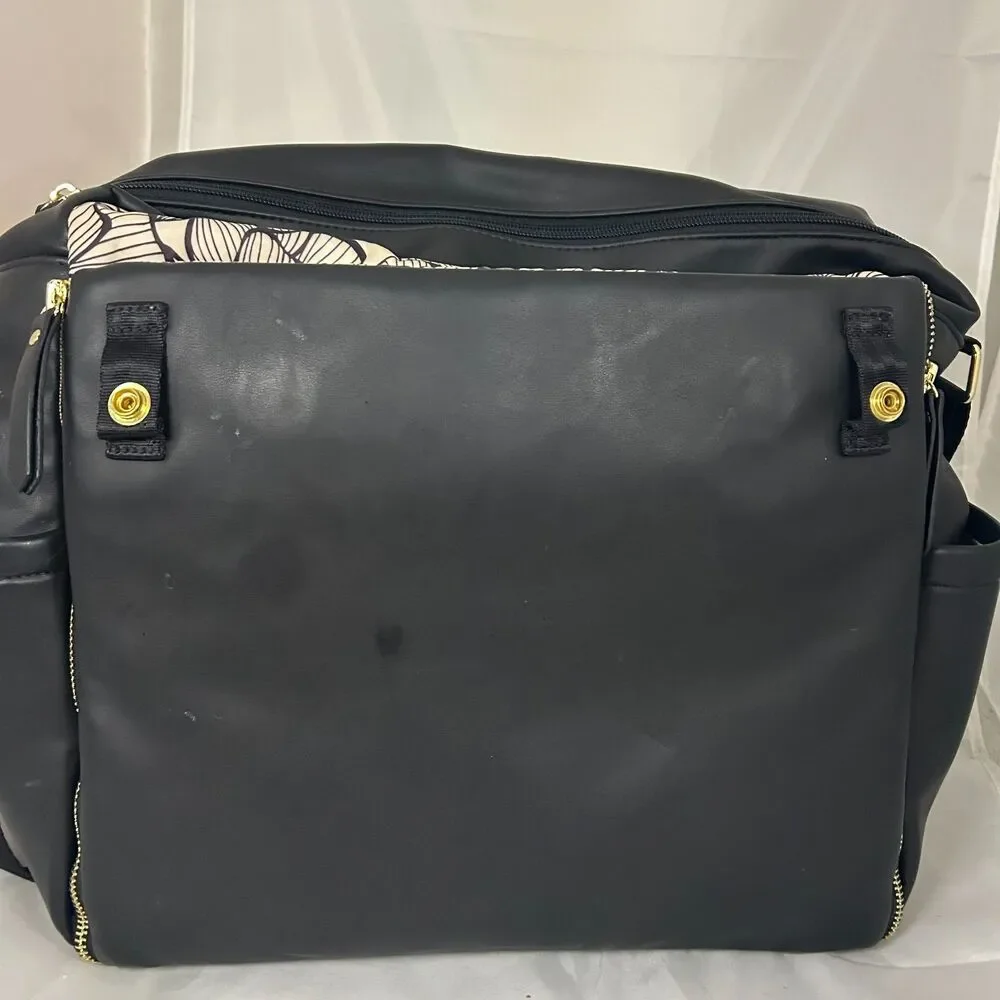Petunia Pickle Bottom Black Vegan Leather Backpack Floral Lining Changing Pad